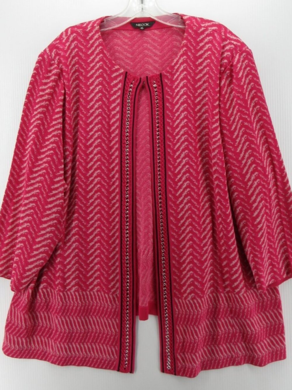 Misook Pink Chevron Open Cardigan with Silver Accent Trim
